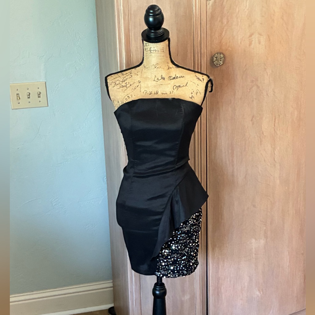 Jessica Mcclintock 80’s Strapless Black Stretch Taffeta Sequin Mini Dress Size 4